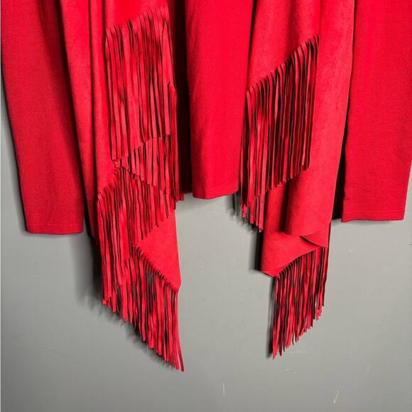 INC Red Faux Suede Open Front Cardigan With Fringe Size XS - Picture 2 of 6